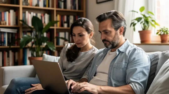 Couple comparant un courtier immobilier fiable en ligne